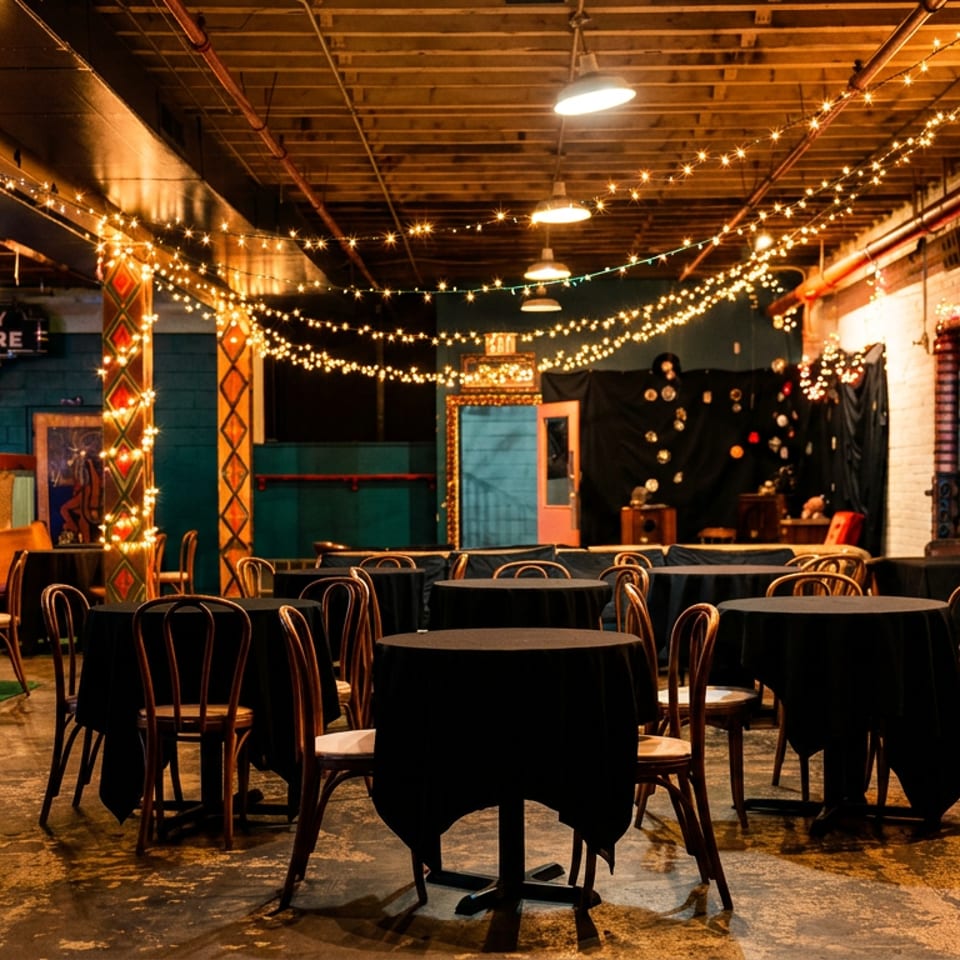 A dimly lit restaurant interior with black-draped tables, chairs, and string lights overhead.